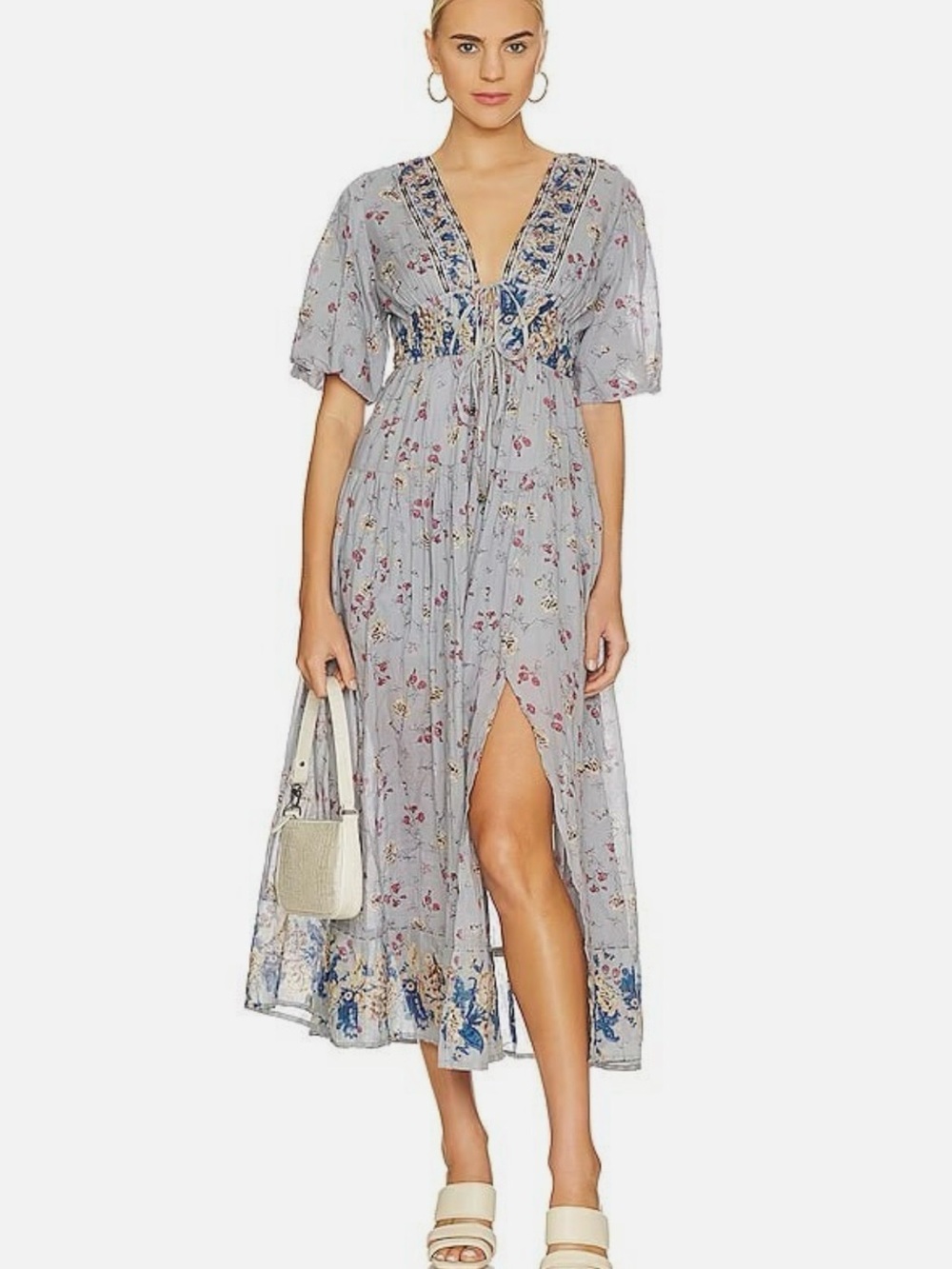Free People Light Blue Floral Maxi Dress with Blue Trim
